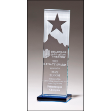 G2883 Etched Clear Glass Award with Star and Mountain Peak on Blue Glass Base