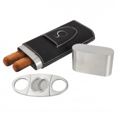 GFT1005 - Black/Silver Laserable Leatherette Cigar Case with Cutter