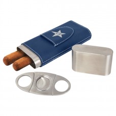GFT1007 - Blue/Silver Laserable Leatherette Cigar Case with Cutter