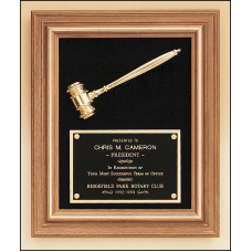 PG2442 American walnut frame with a gold electroplated metal gavel on Black velour background.