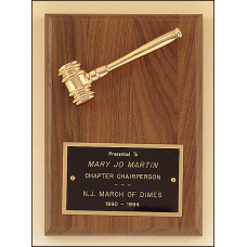 PG2780 American walnut plaque with a goldtone metal gavel.